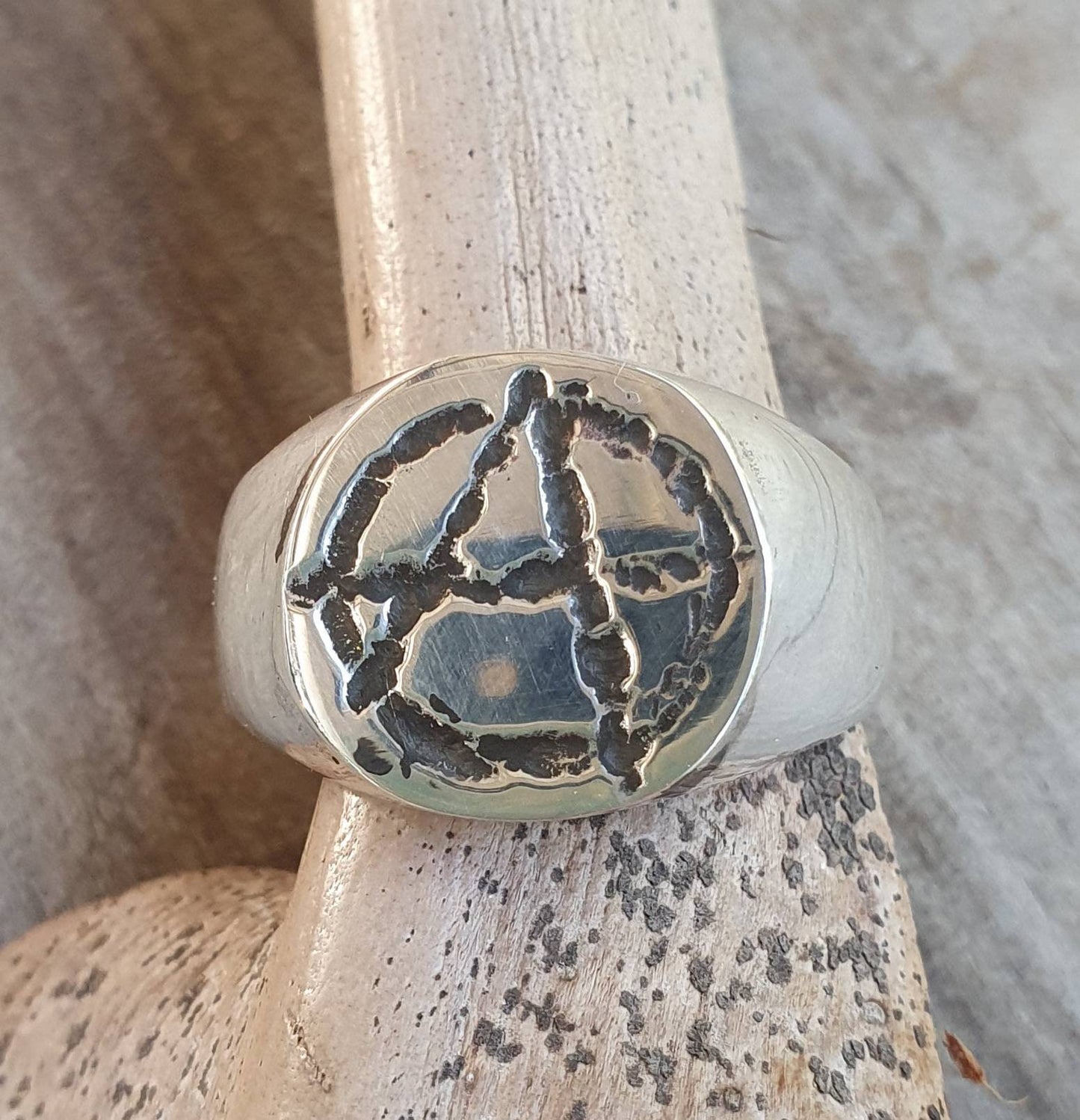 Anarchy ring, round top,sterling silver,medium size signet, punk,alternative, steampunk,handmade,sid vicious,rebel,biker,