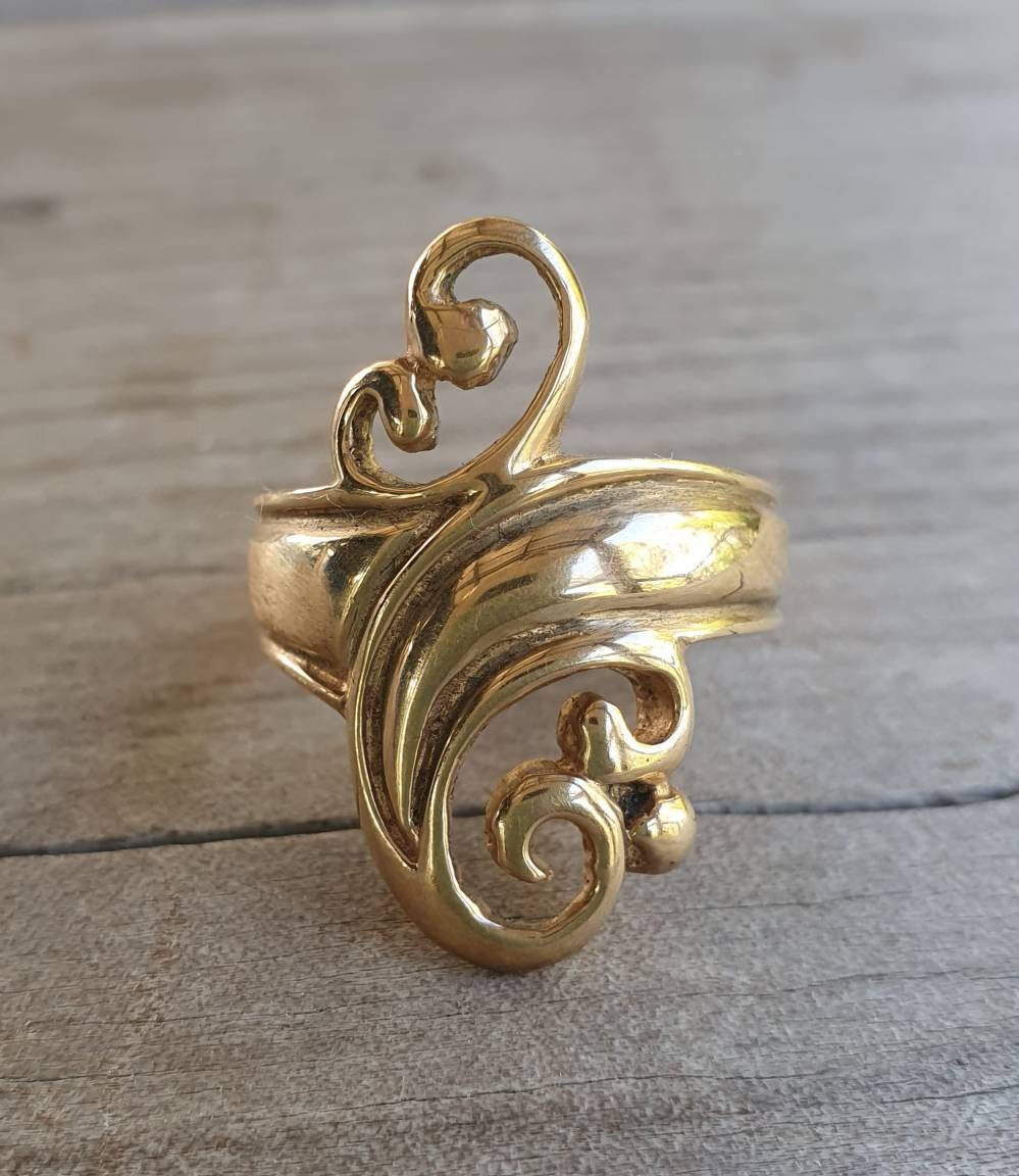 gold scroll ring,9ct,long swirl ring,boho, alternative steampunk ,gothic art nouveau,celtic, tribal swirl