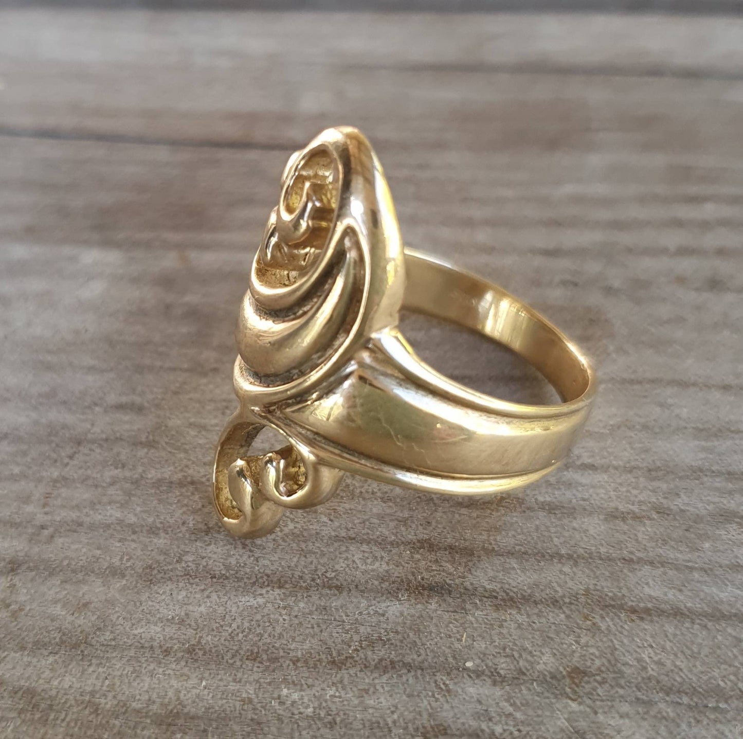 gold scroll ring,9ct,long swirl ring,boho, alternative steampunk ,gothic art nouveau,celtic, tribal swirl
