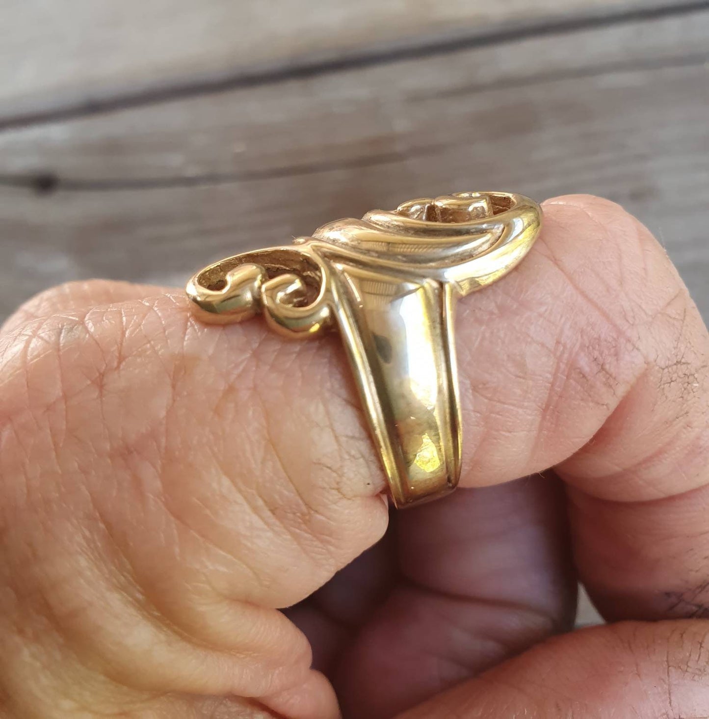 gold scroll ring,9ct,long swirl ring,boho, alternative steampunk ,gothic art nouveau,celtic, tribal swirl