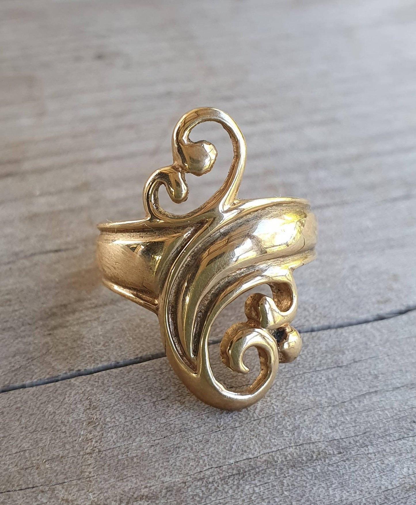 gold scroll ring,9ct,long swirl ring,boho, alternative steampunk ,gothic art nouveau,celtic, tribal swirl