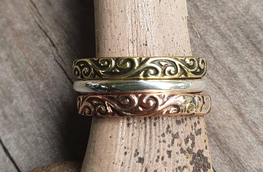 Gold coloured Brass stackers,decorative vintage gold tone style bands,brass,copper,handmade,boho vintage scroll,Victorian pattern ring,
