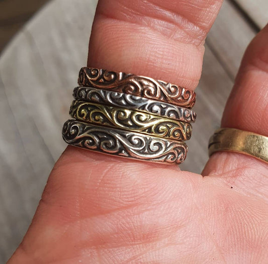 Brass stackers,decorative vintage three tone style bands,sterling silver,brass,copper,handmade,boho vintage scroll,Victorian pattern ring,