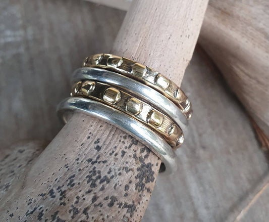 Gold stacker,sterling silver&brass bands,mixed metal,two tone rings,handmade,boho vintage scroll,Victorian pattern ring