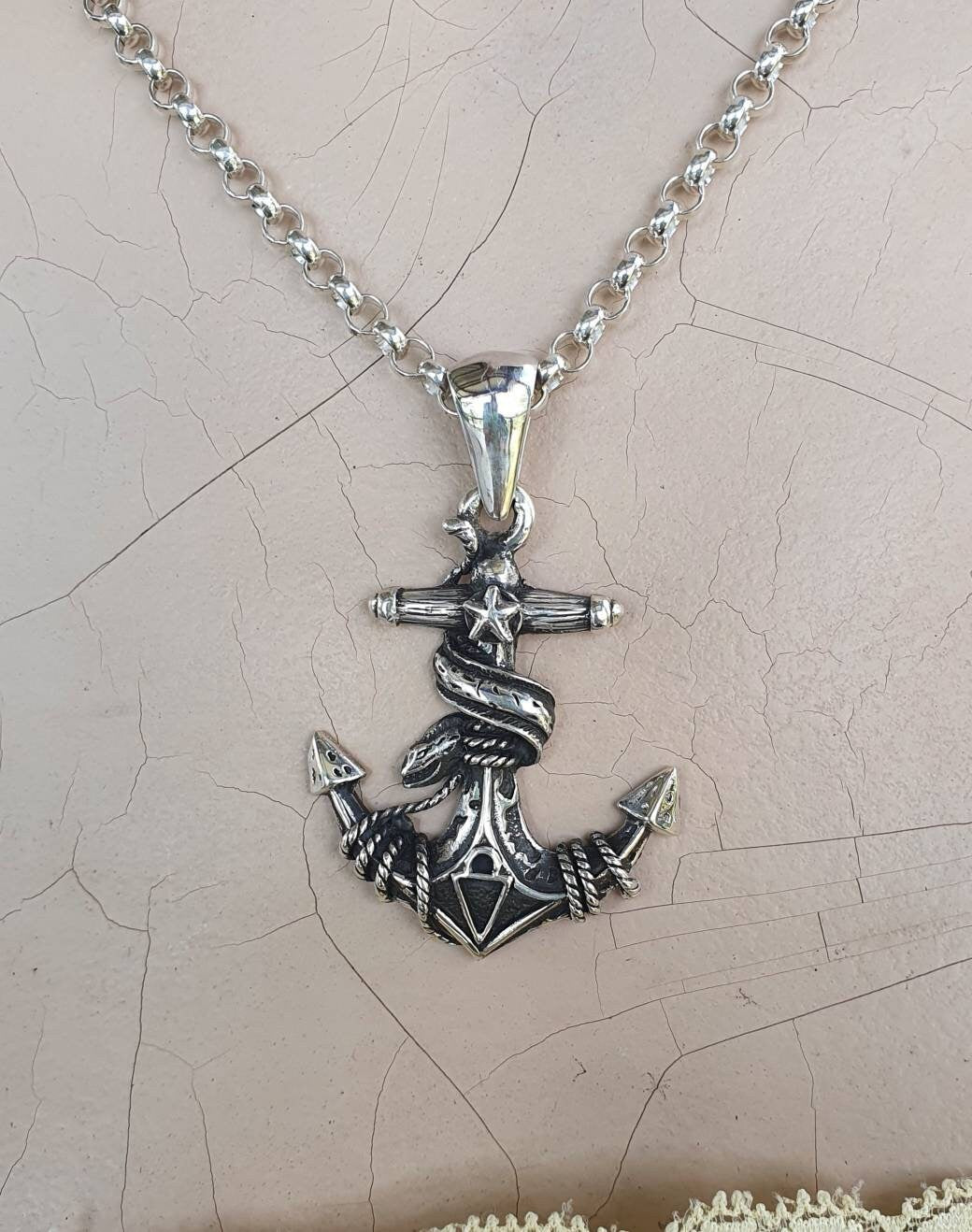 Large anchor pendant,sterling silver,moray eel,nautical, sailor,ship,maritime,rockabilly, snake,hipster