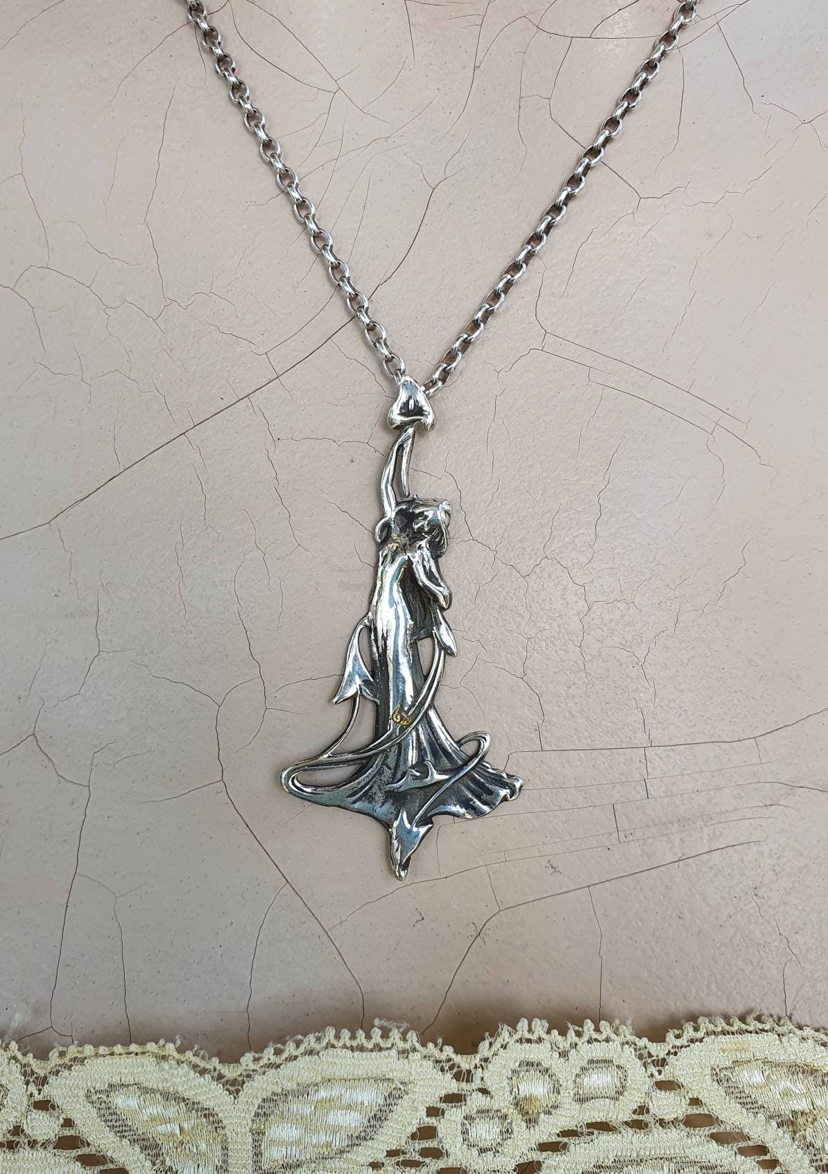 Art nouveau pendant, goddess,sterling silver,lilly pendant,long silver lady