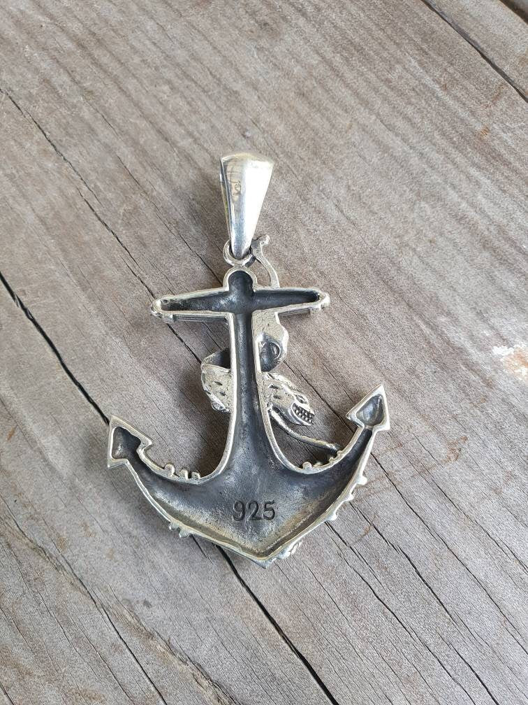 Large anchor pendant,sterling silver,moray eel,nautical, sailor,ship,maritime,rockabilly, snake,hipster