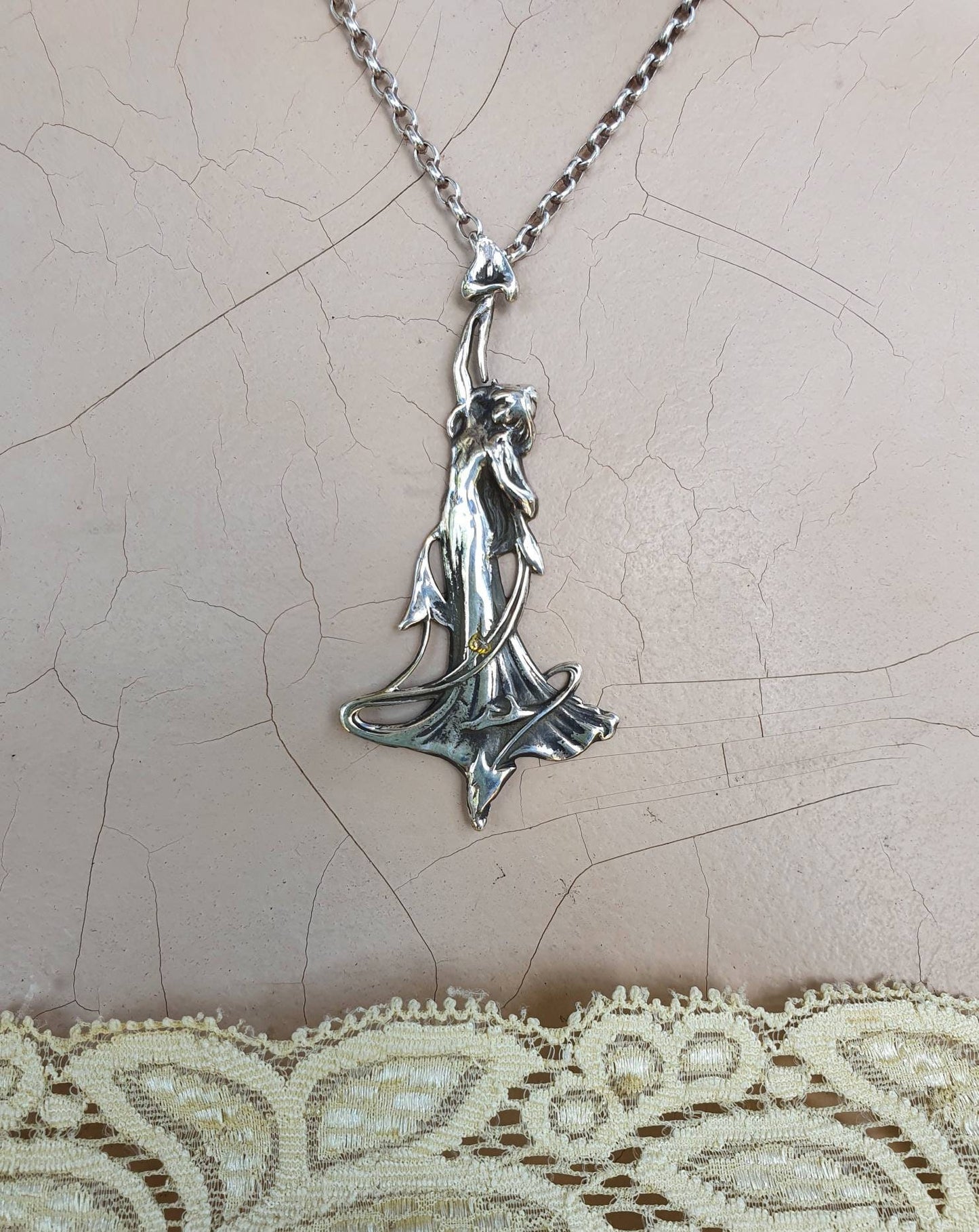 Art nouveau pendant, goddess,sterling silver,lilly pendant,long silver lady