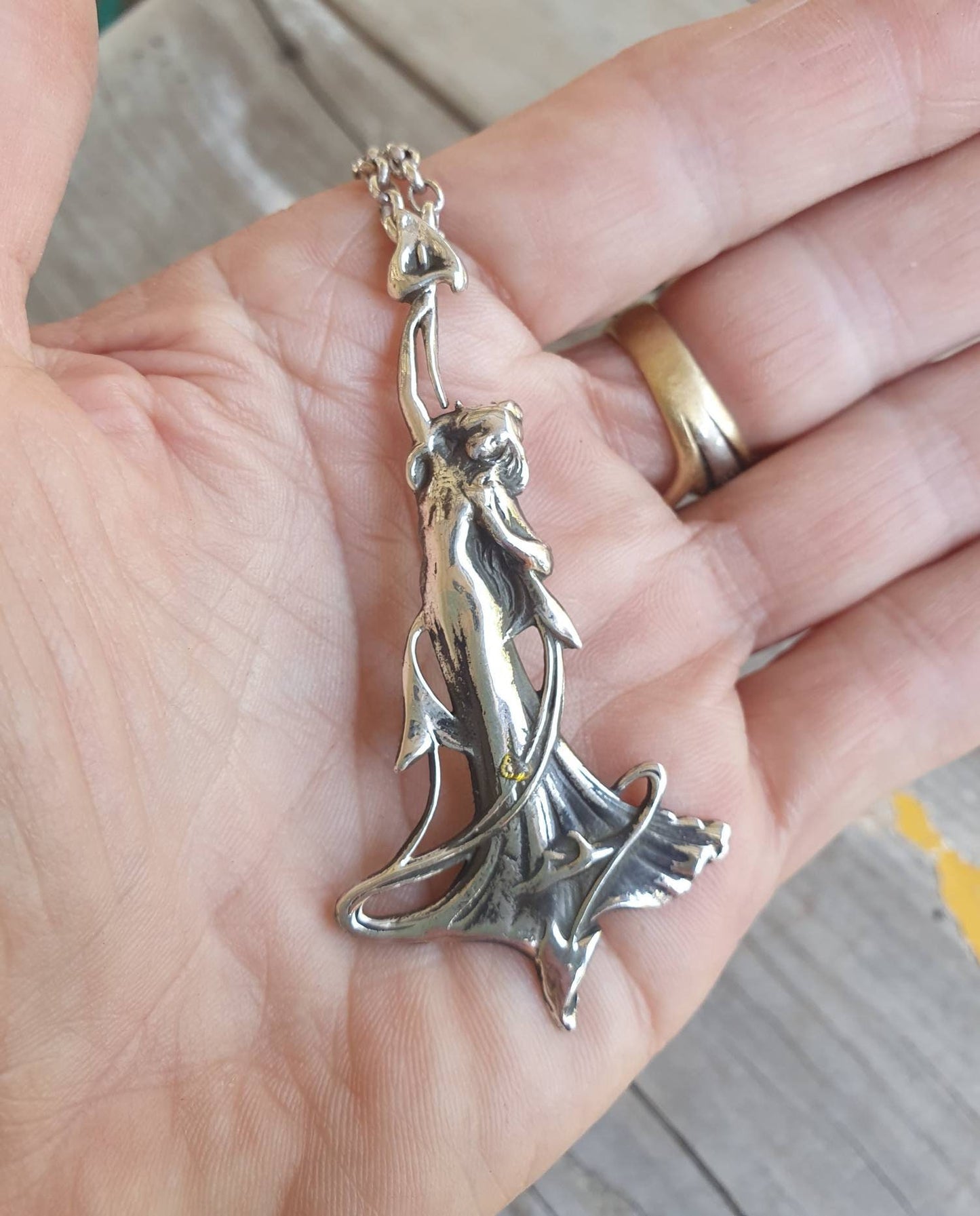 Art nouveau pendant, goddess,sterling silver,lilly pendant,long silver lady