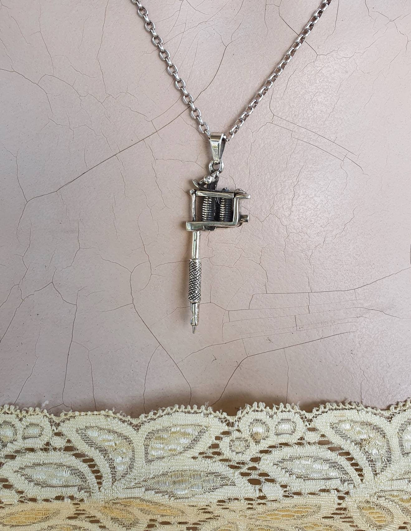 Tattoo gun pendant,sterling silver,long silver pendant,3 dimensional,