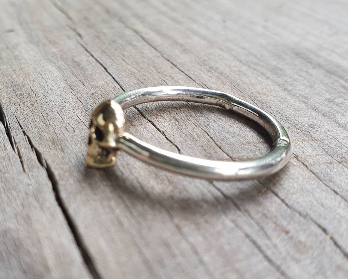 Gold skull ring,two tone,9k/9ct gold skull on a sterling silver band, gothic,punk,women's skull, pinkie,handmade,boho,rockabilly