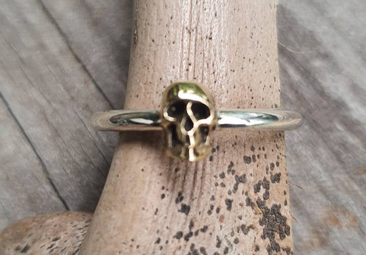 Gold skull ring,two tone,9k gold skull on a sterling silver band, gothic,punk,women's skull,mixed metal ring pinkie,handmade,boho,rockabilly