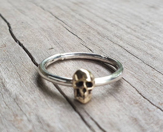 Gold skull ring,two tone,9k/9ct gold skull on a sterling silver band, gothic,punk,women's skull, pinkie,handmade,boho,rockabilly