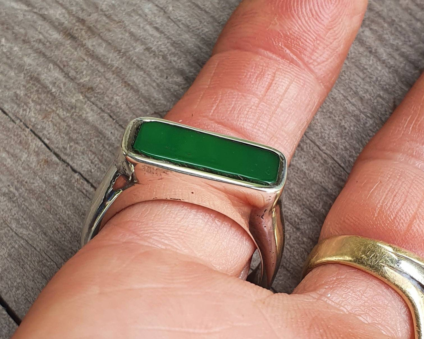 Rectangle ring,green acyrlic ring,sterling silver,chunky,handmade,Micheal Hutchence tribute,plain silver signet,Chunky,unisex