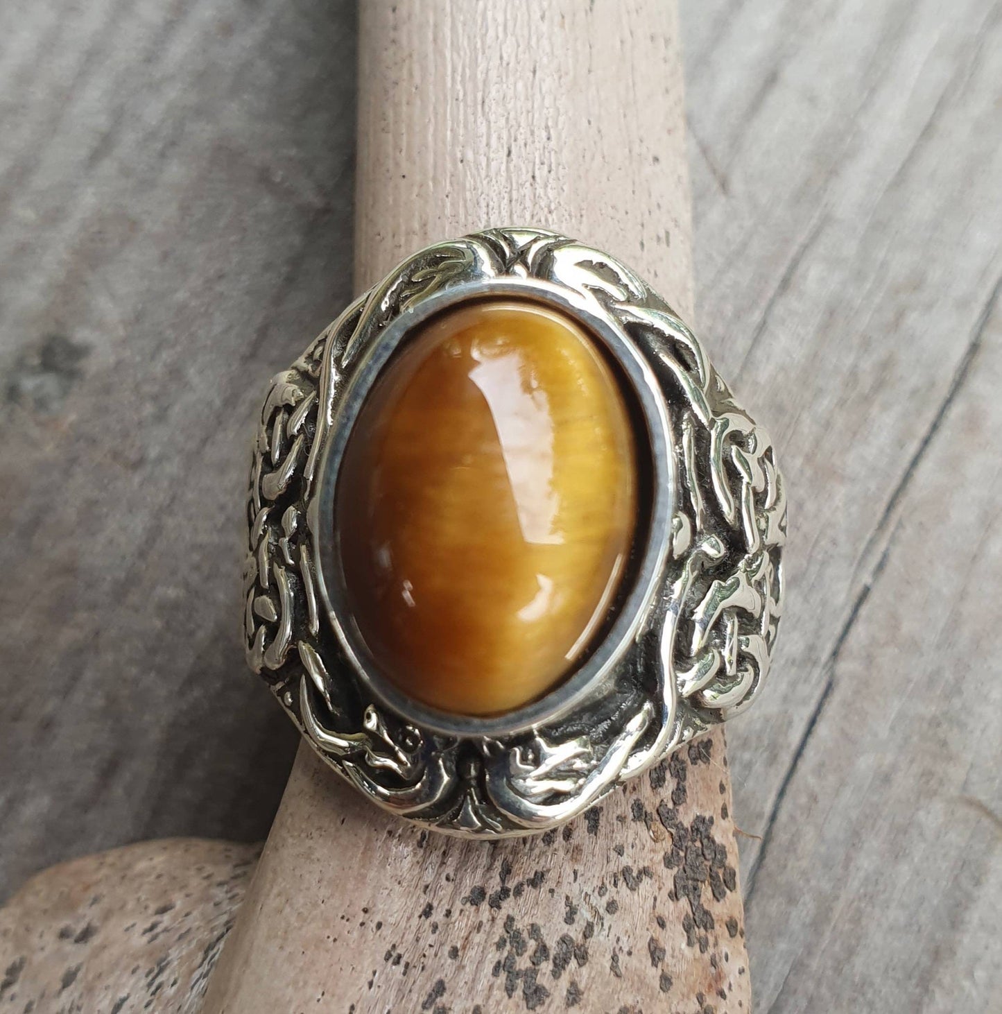 celtic  ring,tigers eye,sterling silver, tribal,dress ring, wedding,boho gemstone,large stone ring
