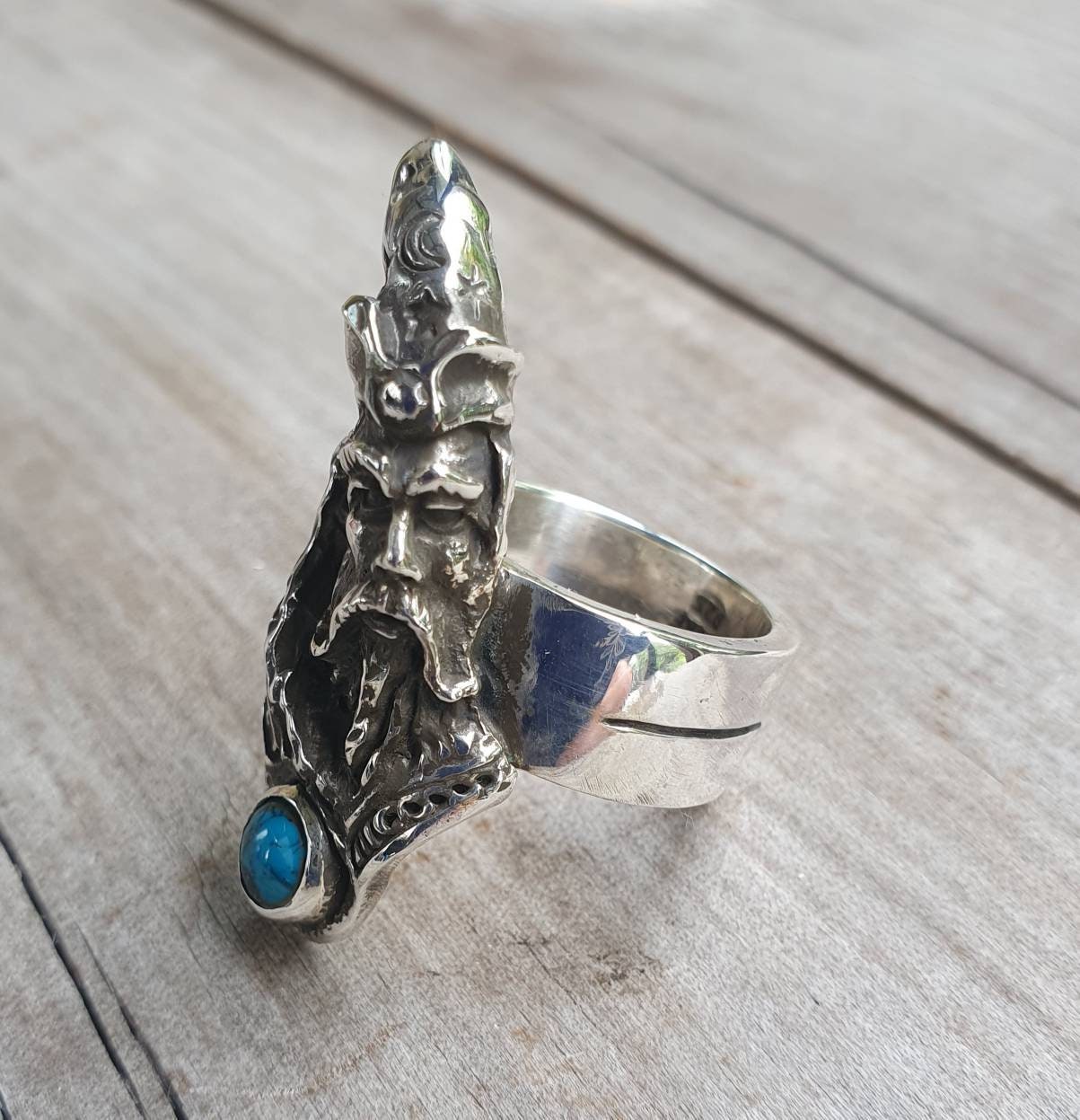 Large wizard ring,turquoise,sterling silver,cubic zirconia,handmade,witch,wiccan,magic,fantasy,mythical,occult,merlin,