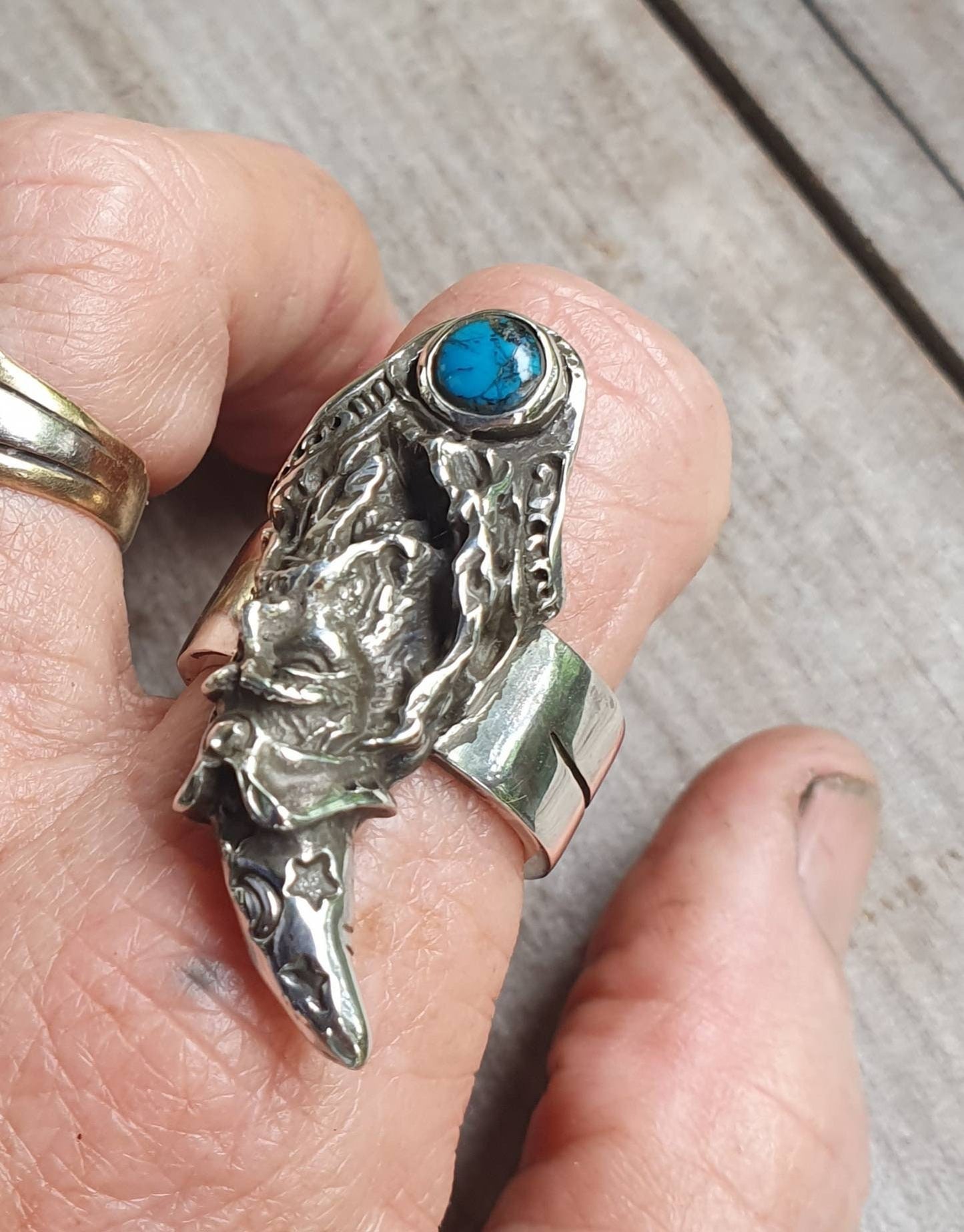 Large wizard ring,turquoise,sterling silver,cubic zirconia,handmade,witch,wiccan,magic,fantasy,mythical,occult,merlin,