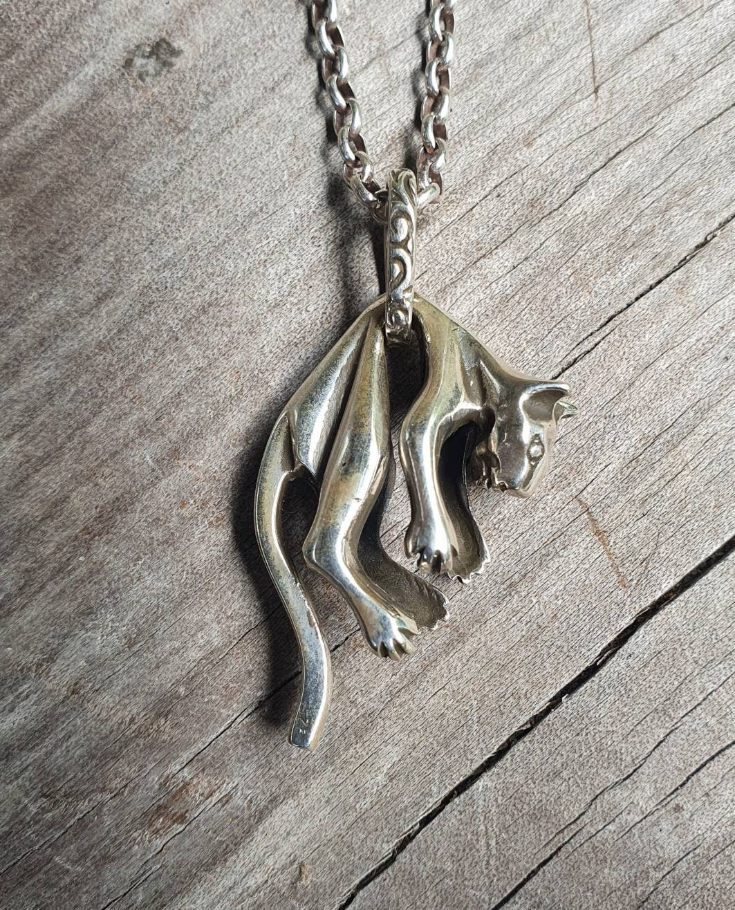 Large cat pendant, sterling silver,boho,gypsy,hippy,woodland,animal,feline,handmade,