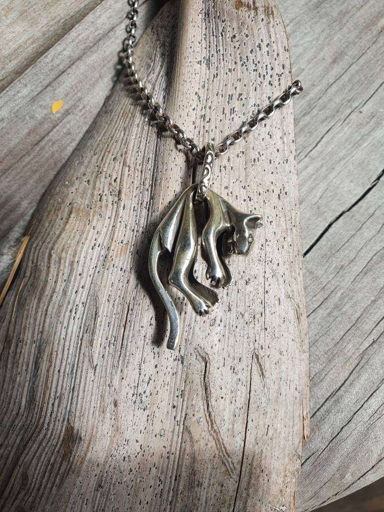 Large cat pendant, sterling silver,boho,gypsy,hippy,woodland,animal,feline,handmade,