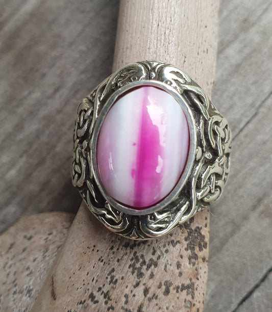 celtic ring,pink banded agate,sterling silver, tribal,dress ring, wedding,boho gemstone,large stone ring