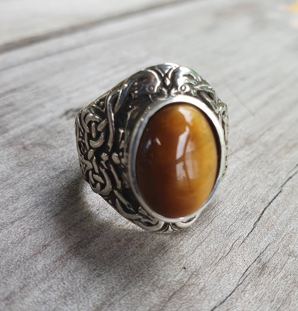 celtic  ring,tigers eye,sterling silver, tribal,dress ring, wedding,boho gemstone,large stone ring
