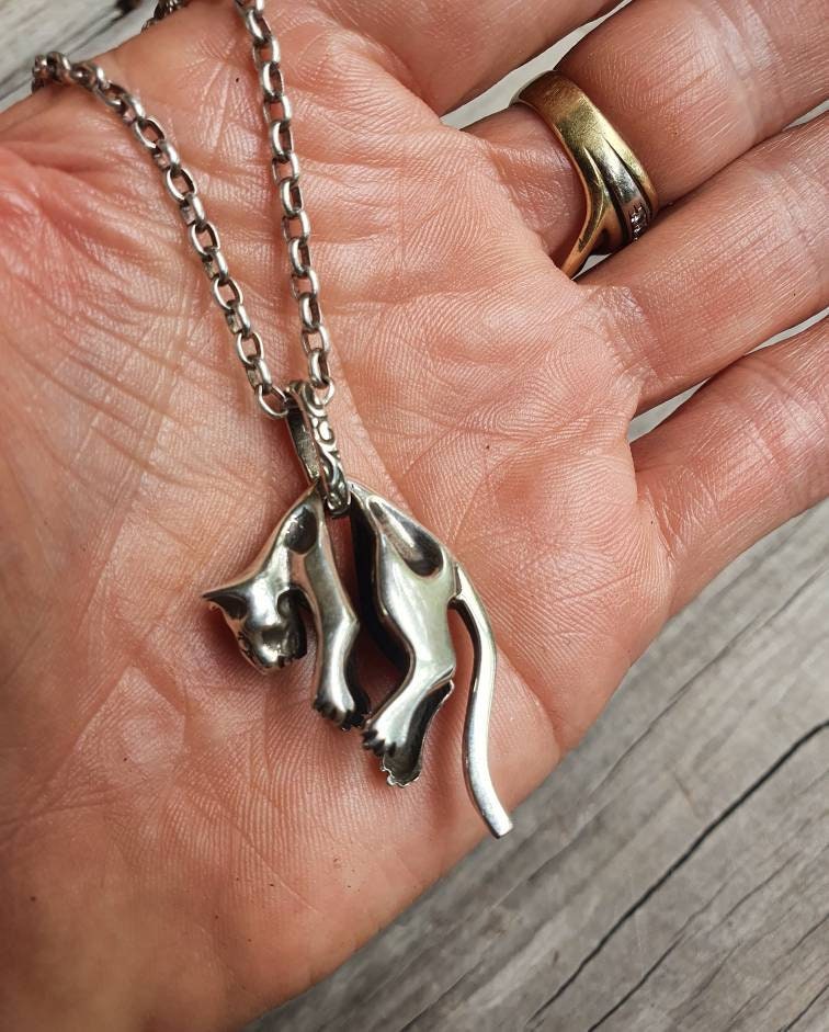 Large cat pendant, sterling silver,boho,gypsy,hippy,woodland,animal,feline,handmade,