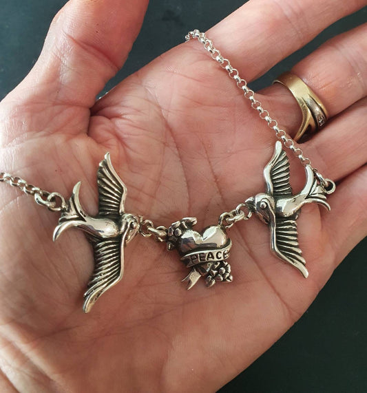 Large swallow necklace,sterling silver, bluebird, peace,heart necklace rockabilly steampunk gothic boho gypsy