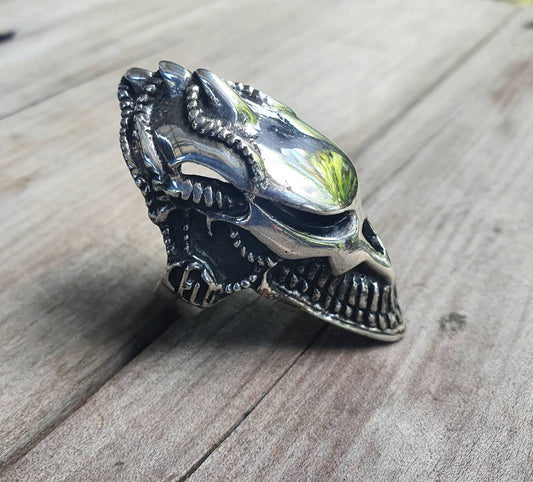Large skull ring,Alien ring,sterling silver,Geiger,chunky, steampunk,greek mythology,gothic, punk,large ring,long silver ring,medieval