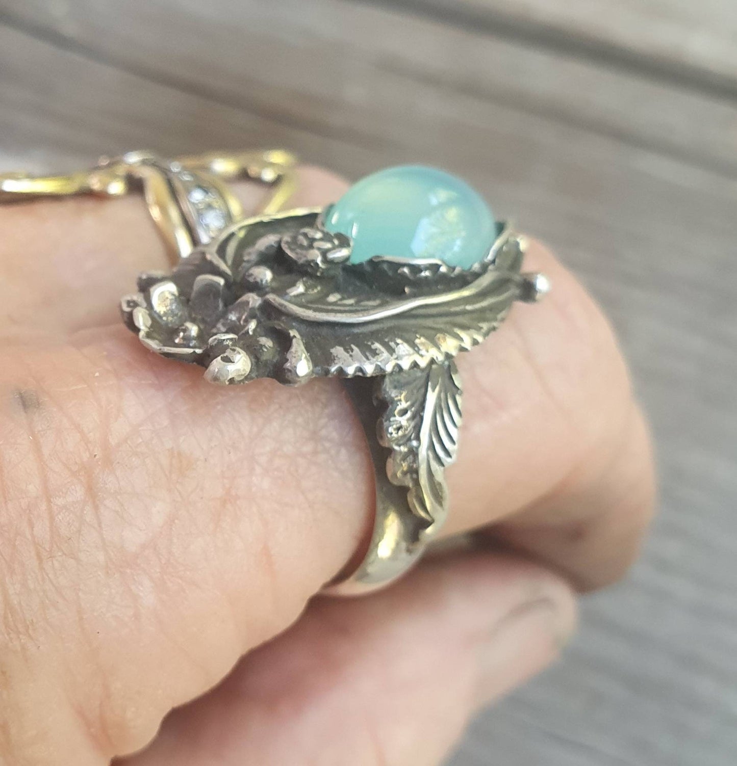 Blue chalcedony ring,sterling silver,Navajo Indian style,flower,leaf,boho,gypsy,tribal,handmade,women's fashion