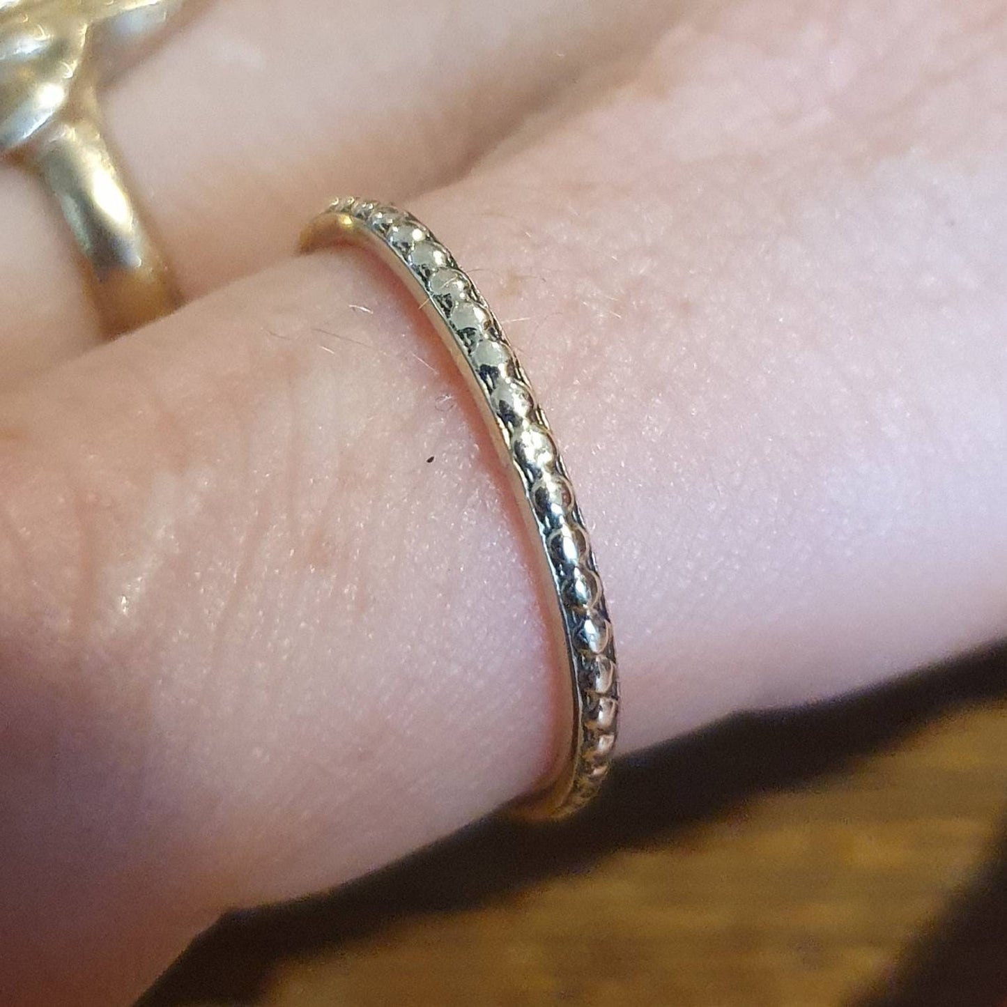 9ct/ 9k gold Stackerable ring,thin solid gold band,fine and danity bead pattern,boho,pinkie ring