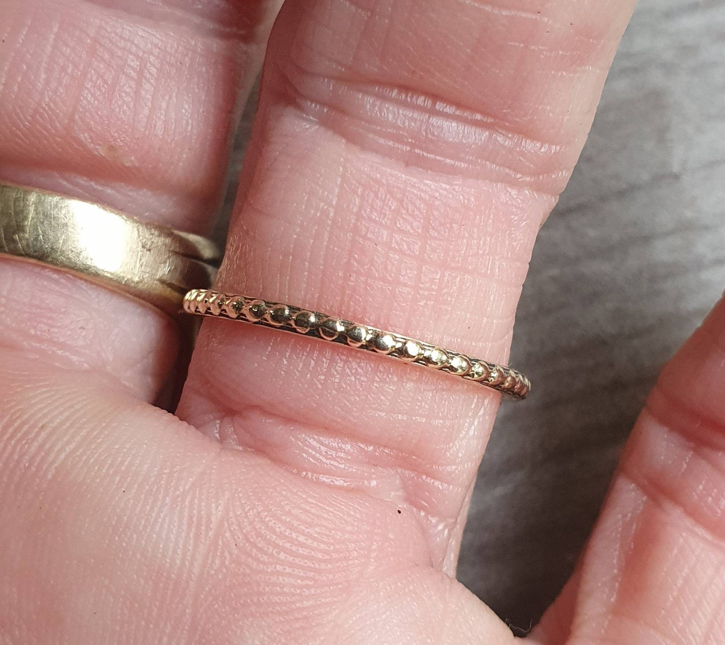 9ct gold Stackerable ring,2mm,solid gold 9k band,fine and danity bead pattern,boho,pinkie ring