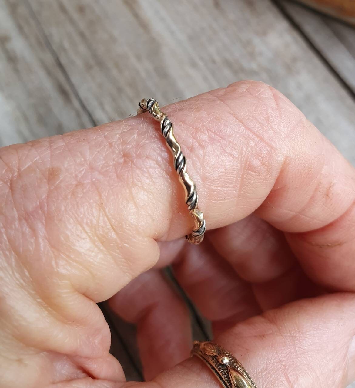 Woven gold ring,two tone,9k gold solid(not plated )&sterling silver,twisted wire ring,mixed metals, Stacker ring,thin solid gold band,fine