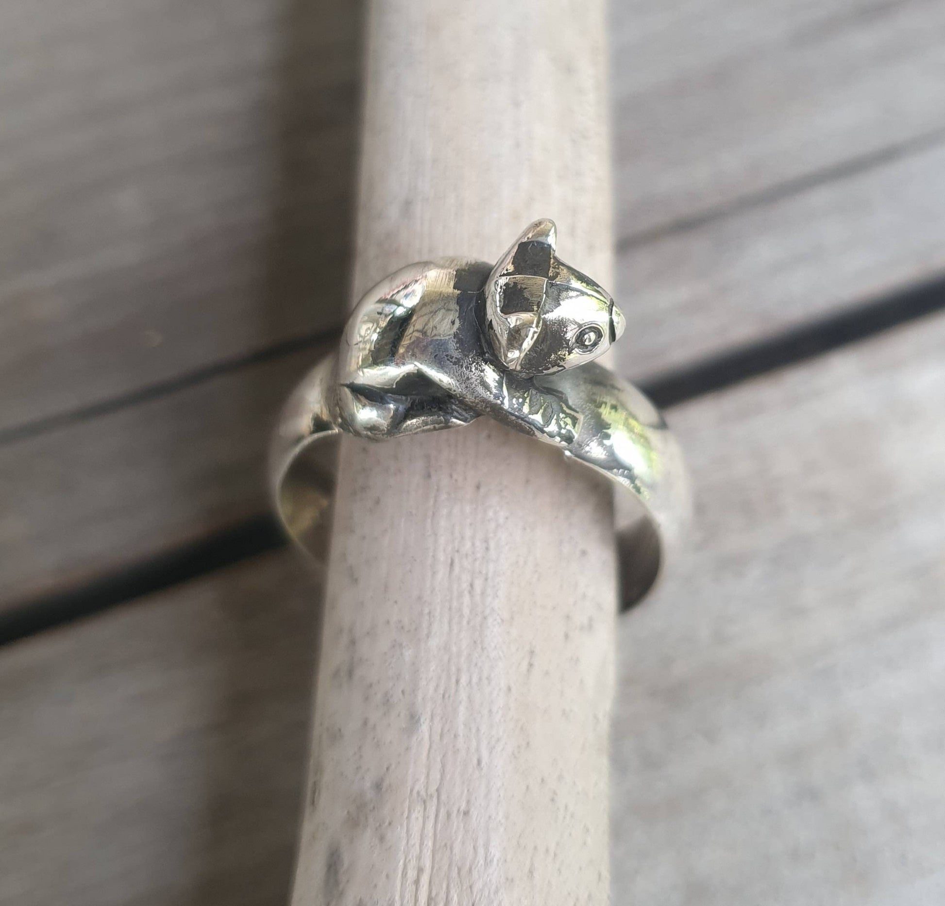 Koala bear ring, sterling silver, bear ring,3mm halo band.