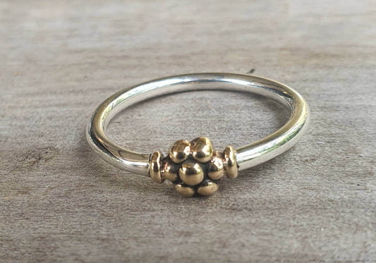 Two tone flower stacking ring,solid 9k gold and sterling silver,thin stacker ring,