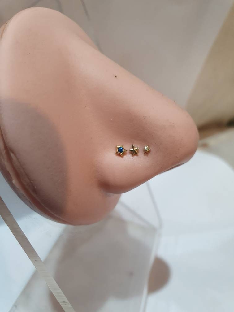 Gold star nose stud,solid 18ct gold,caltex star,20 gauge,nose curl, L shape,