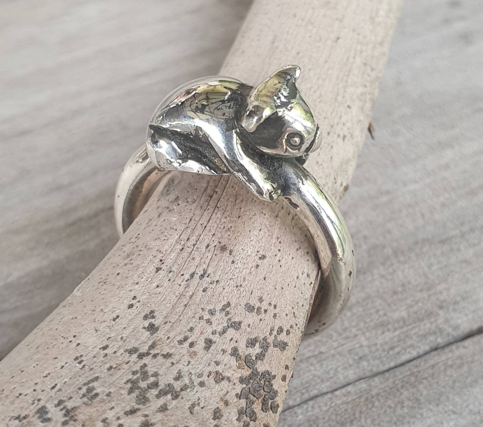 Koala bear ring, sterling silver, bear ring,3mm halo band.
