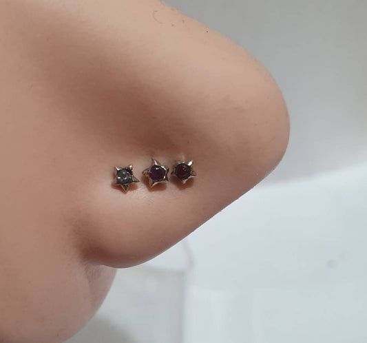 Gold star nose stud,solid 18ct white  gold,crystal gem star,20 gauge,nose curl, L shape,