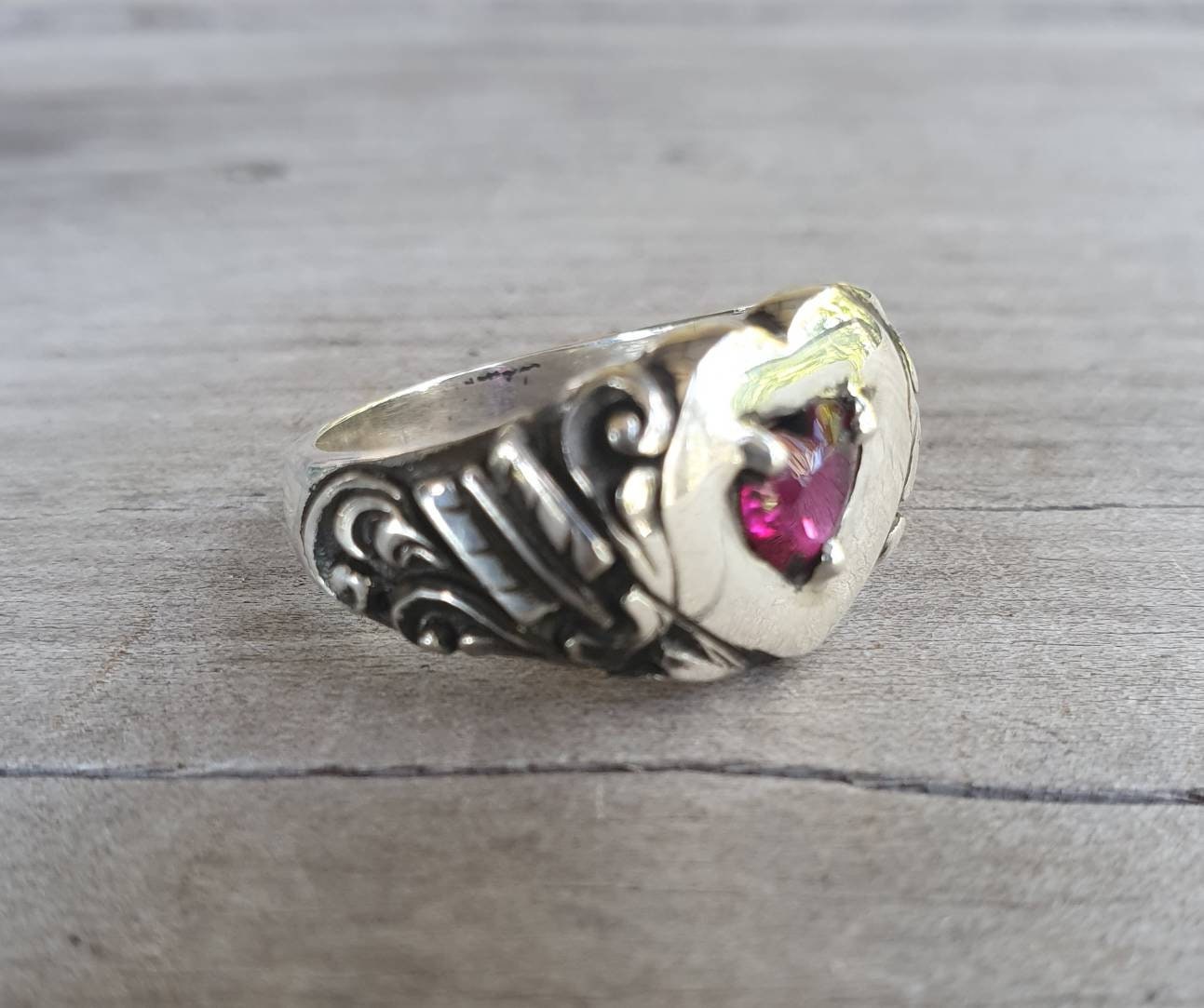heart ring,red cz,Sterling silver,cubic zirconia,cupid arrows,vintage steampunk,signet,art nouveau,handmade,boho,hipster,goddess,scroll,
