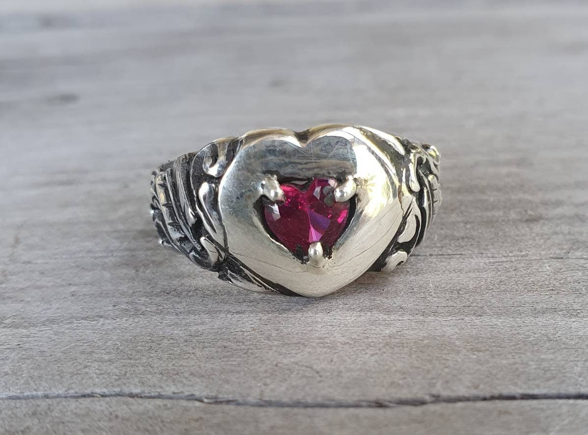 heart ring,red cz,Sterling silver,cubic zirconia,cupid arrows,vintage steampunk,signet,art nouveau,handmade,boho,hipster,goddess,scroll,