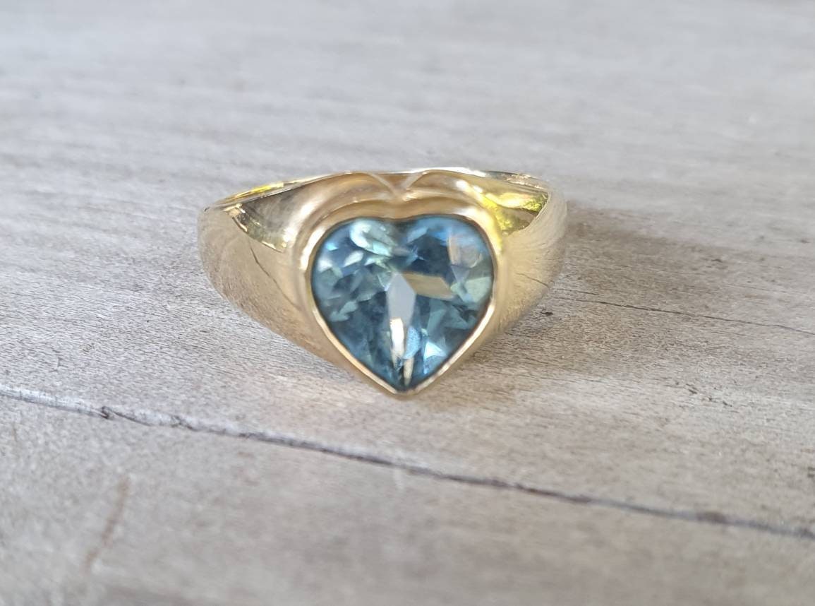 Gold heart ring,blue topaz,9k gold /9ct gold,cupid love,art nouveau,handmade,boho,goddess,