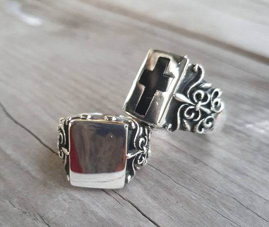 Large signet ring,sterling silver,rectangle filegree, scroll,square top ring,handmade,baroque,mans dress ring, steampunk,grunge,boho