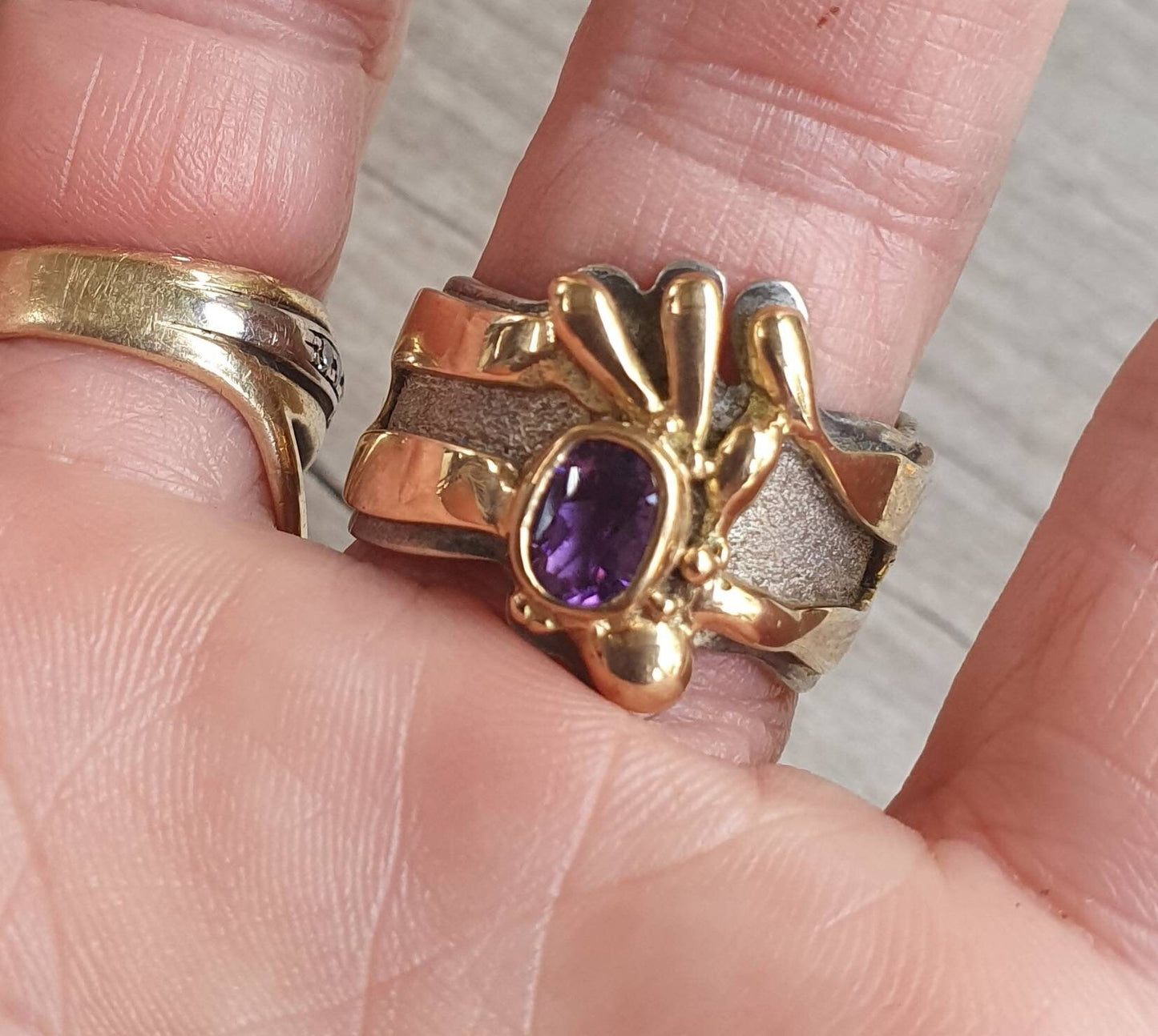 9k gold and sterling silver ring,two tone amethyst ring,handmade freeform designer band, alternative gothic art nouveau victorian