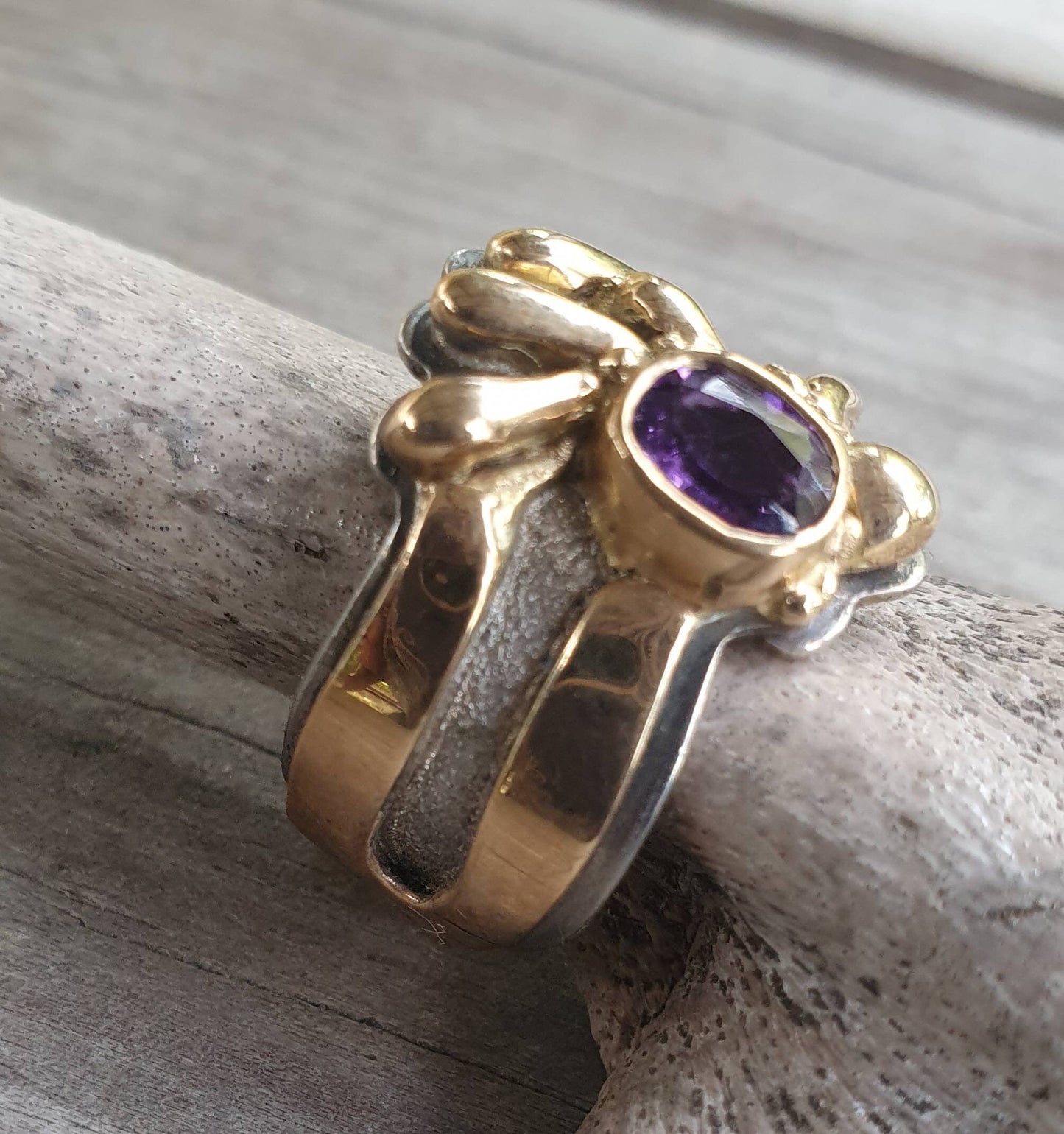 9k gold and sterling silver ring,two tone amethyst ring,handmade freeform designer band, alternative gothic art nouveau victorian