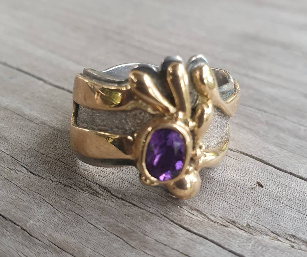 9k gold and sterling silver ring,two tone amethyst ring,handmade freeform designer band, alternative gothic art nouveau victorian