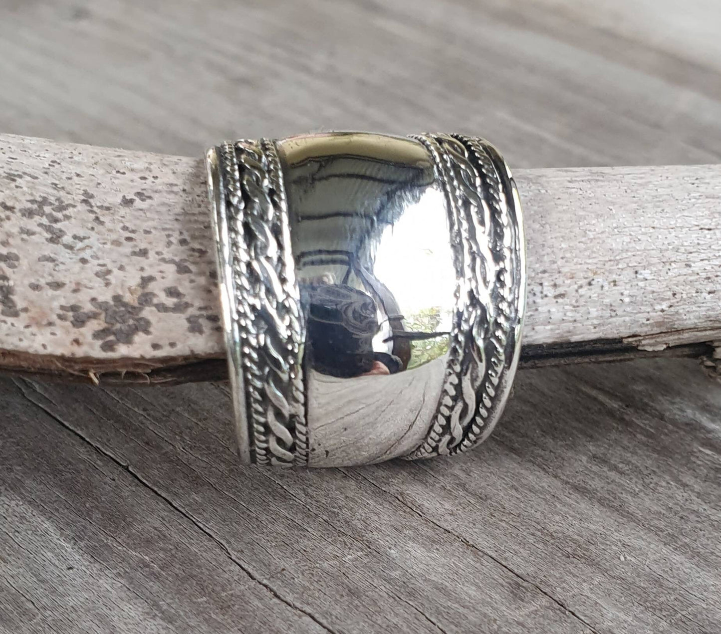 Wide long ring,sterling silver,rounded band,wedding,twisted wire sides.