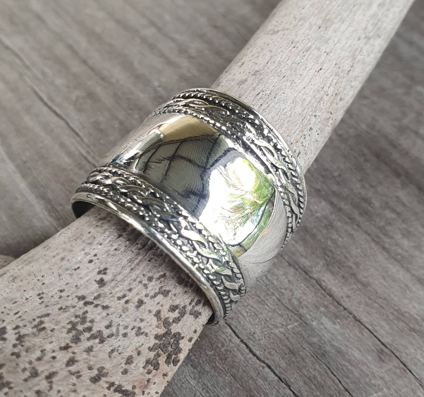 Wide long ring,sterling silver,rounded band,wedding,twisted wire sides.
