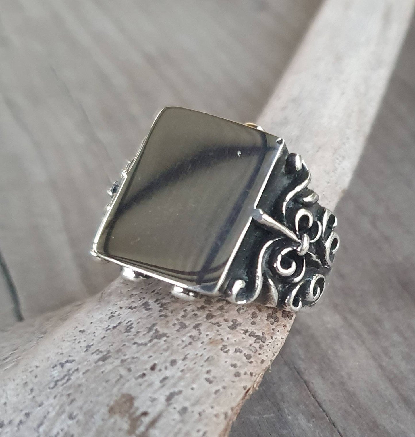 Large signet ring,sterling silver,rectangle filegree, scroll,square top ring,handmade,baroque,mans dress ring, steampunk,grunge,boho