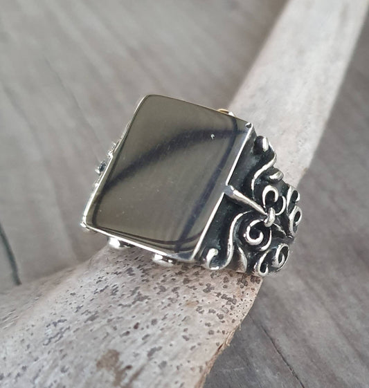 Large signet ring,sterling silver,mans rectangle filegree, scroll,square top ring,handmade,baroque,mans dress ring, steampunk,grunge,boho