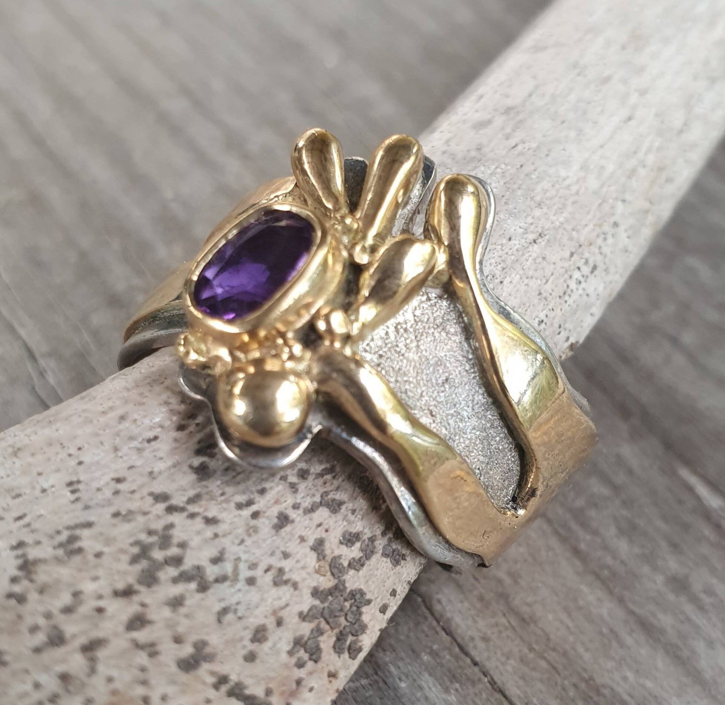9k gold and sterling silver ring,two tone amethyst ring,handmade freeform designer band, alternative gothic art nouveau victorian