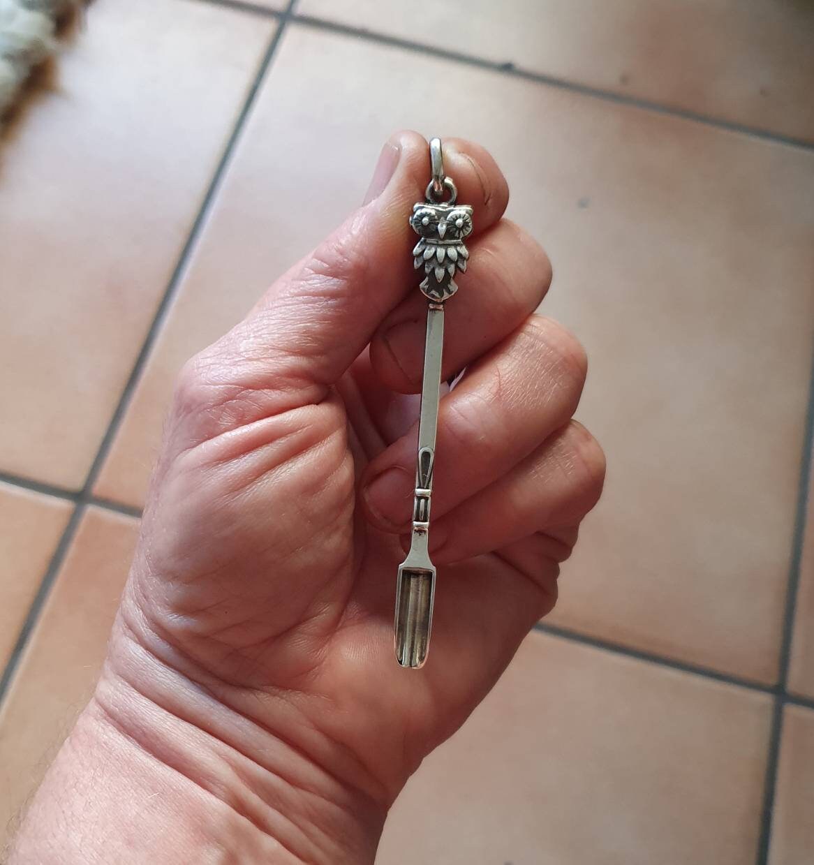 Owl pendant, spoon pendant,sterling silver,spoon key ring,solid silver,small spice spoon,handmade  unique, collectors,